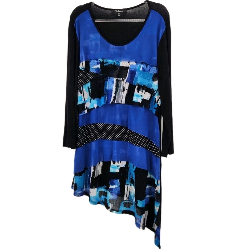 Calessa Asymmetrical Layered Printed Tunic Top Womens Size 2X Blue Black